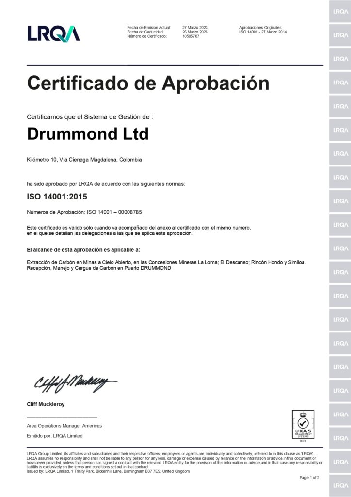 Certificado ISO 14001:2015 otorgado por LRQA a Drummond Ltd.